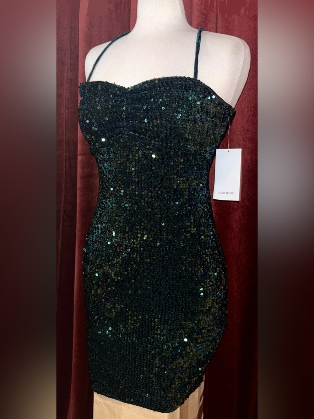 NWT Zara Green Metallic Sequin Spaghetti Strap Mini Short Party Dress - Medium